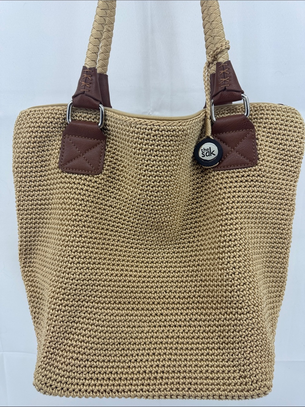 The Sak Beige Woven Tote with Brown Leather Accents